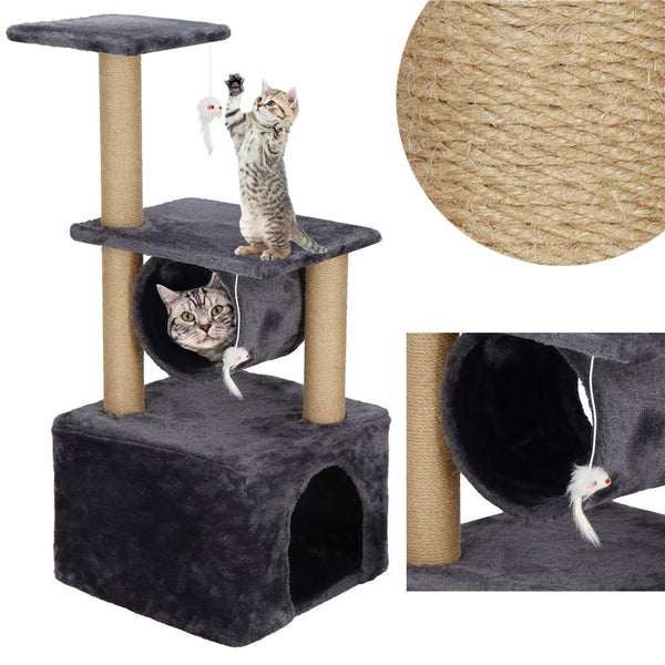 Ansamblu de joaca pentru pisici, cu loc pentru zgariat, ascuns, platforma, 62cm, gri inchis