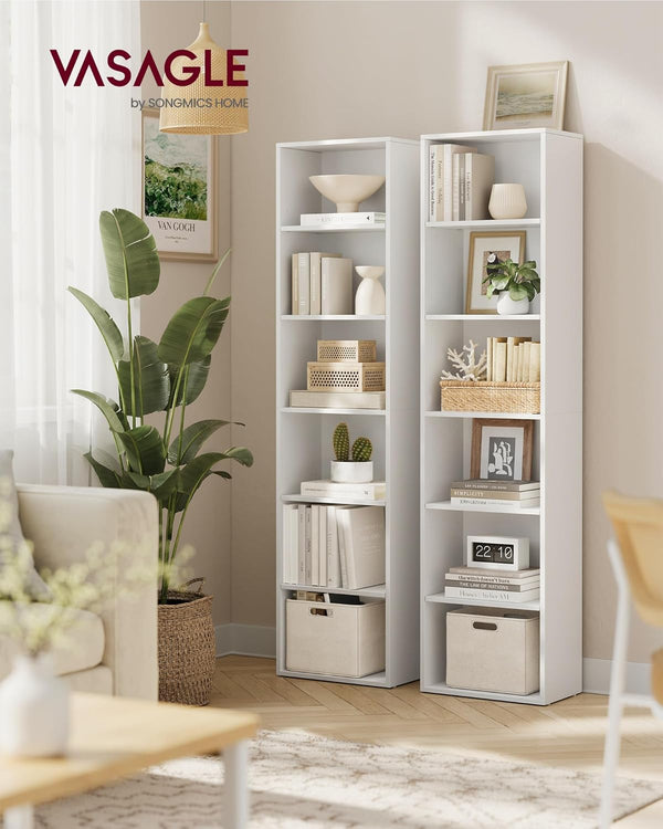 VASAGLE Biblioteca verticala 40x24x179 cm, 6 rafturi din care 4 reglabile, PAL alb mat