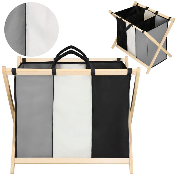 Cos de rufe cu 3 compartimente, cadru din lemn, 67x43x55 cm, 105 litri