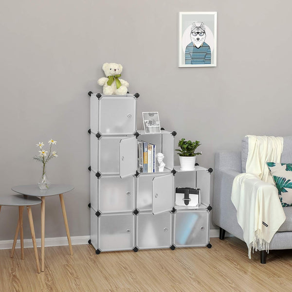 SONGMICS Organizator modular 93x31x93 cm, 9 cuburi cu usi, plastic si cadru metalic, alb