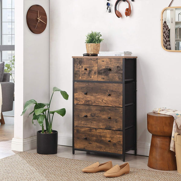 SONGMICS Comoda cu 5 sertare 56x30x89 cm, cadru metalic si blat MDF, manere lemn, maro rustic si negru