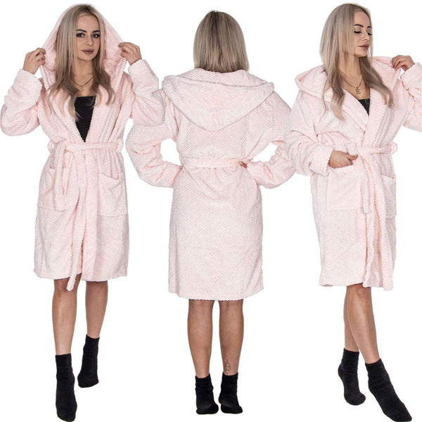 Halat de baie pentru femei pana la genunchi, cu gluga, marimea L/XL, roz