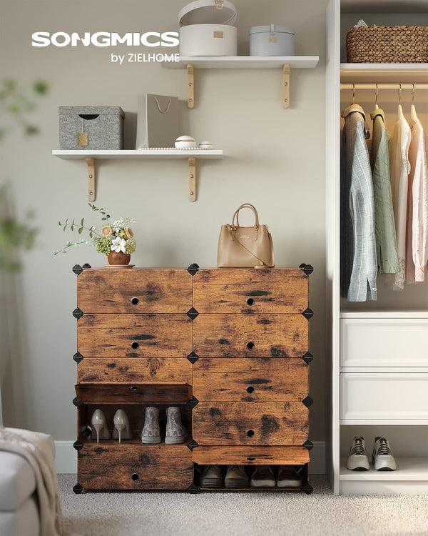 SONGMICS Etajera pantofi 43x31x173 cm, 10 compartimente modulare, usa frontala, maro rustic