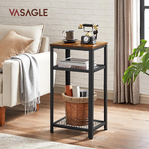 VASAGLE Masuta laterala 40x30x75 cm, cu 2 rafturi grilaj si blat, otel si PAL, maro rustic si negru