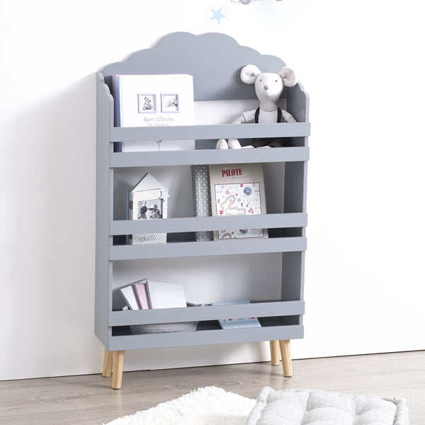 Biblioteca copii Atmosphera Nuage din MDF cu 3 rafturi si picioare din lemn, 58x100 cm, gri