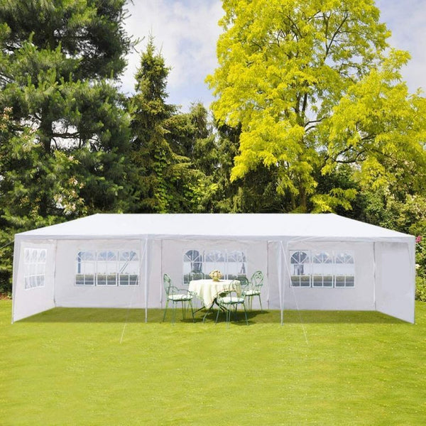 Pavilion de gradina 300x900 cm, 8 pereti detasabili cu ferestre si usa, structura metalica, PE impermeabil, alb