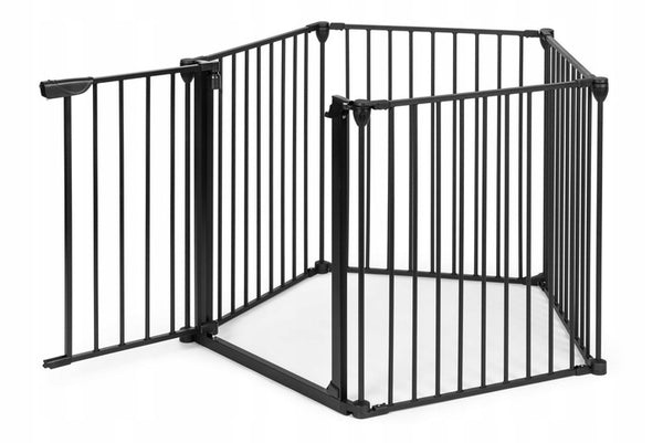 Bariera de siguranta pliabila 300x74 cm, 5 panouri si poarta cu blocare automata, metal si plastic, neagra