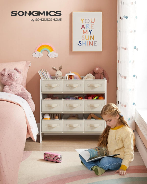 SONGMICS Raft jucarii si carti 63x30x60 cm, cu 9 cutii textile detasabile, MDF, alb