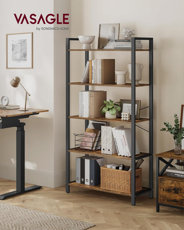 VASAGLE Biblioteca tip scara 80x30x153 cm, 5 rafturi deschise, stil industrial, maro rustic