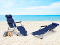 Sezlong pliabil 178x47x92 cm, 2 in 1 fotoliu, spatar si suport picioare reglabile, cadru metalic si tetiera detasabila, albastru bleumarin