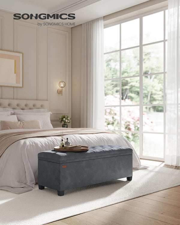 SONGMICS Banca cu spatiu de depozitare 110x40x40 cm, 103 litri, tapitata cu catifea, MDF si spuma, gri