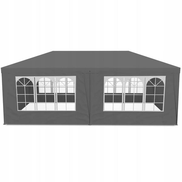 Cort de gradina 300x600 cm, 6 pereti detasabili cu ferestre si usa, structura metalica, PE impermeabil, gri
