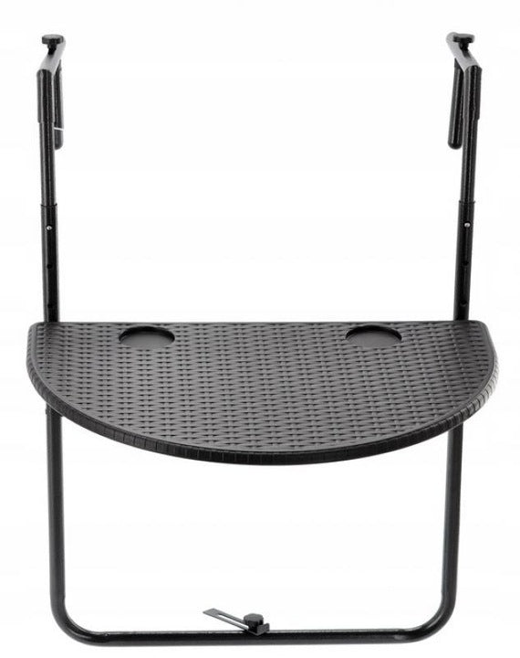 Masa de balcon pliabila, inaltime reglabila, imitatie ratan, suporturi pahare, semicerc, 64x60x83cm, negru