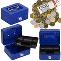Caseta pentru bani tip cutie de valori, compartimentanta, cu cheie, metal, 12.5x9.5x6.5cm, albastru