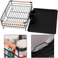 Uscator de vase cu suport tacamuri, din otel, cu tava de scurgere, manere lemn, 42x32x15cm, negru