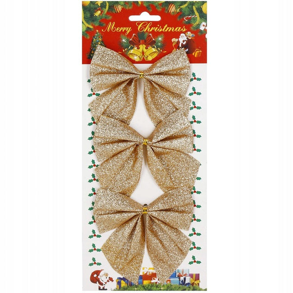 Set 3 ornamente pentru bradul de Craciun, fundita, 11cm, auriu