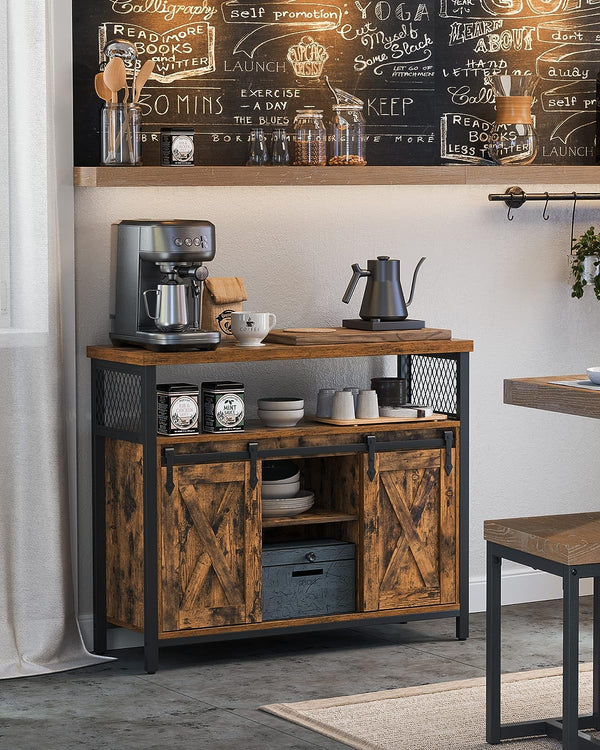 VASAGLE Comoda pentru living sau bucatarie, cu 2 usi glisante, rafturi reglabile, stil rustic, 33x100x80cm, maro si negru
