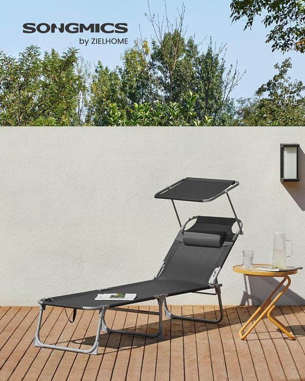 SONGMICS Sezlong pliabil, cu parasolar si tetiera, spatar reglabil in 4 pozitii, maxim 150kg, 193x53x29cm, gri