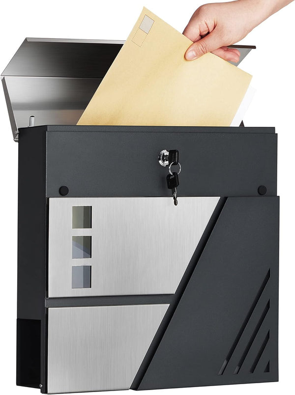 SONGMICS Cutie postala de exterior, pentru gard sau perete, din otel si inox, 37x11x37cm, argintiu inox si gri inchis