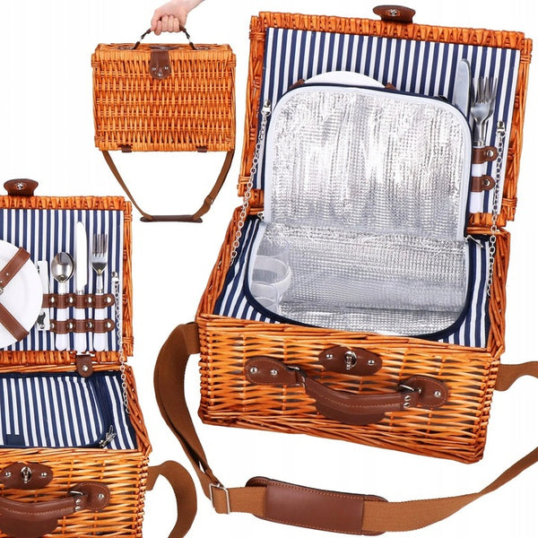 Cos de picnic echipat pentru 2 persoane Deluxe, din rachita, cu vesela si tacamuri, frigorific