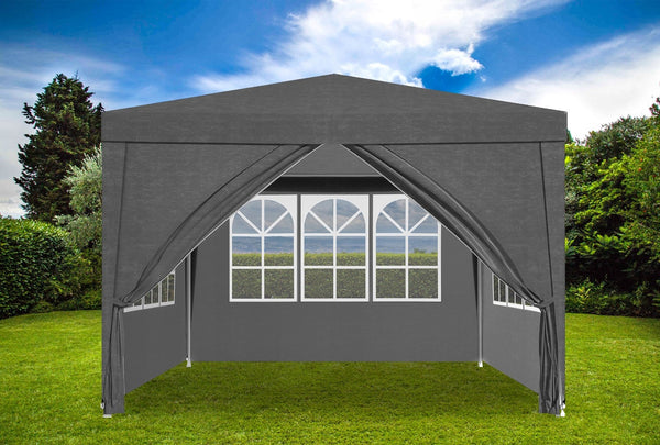 Cort pavilion de gradina, 300x300 cm, cu 4 pereti laterali cu ferestre, impermeabil cu rezistenta UV, gri
