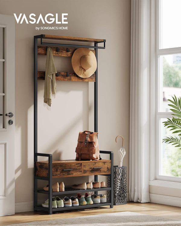 VASAGLE Cuier cu polite de depozitare pantofi si 2 sertare, cadru din otel, stil industrial, 30x80x182cm, maro rustic