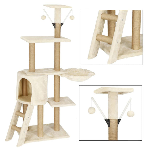 Ansamblu de joaca pentru pisici, cu loc pentru zgariat, ascuns, culcus, mingi, 136cm, crem
