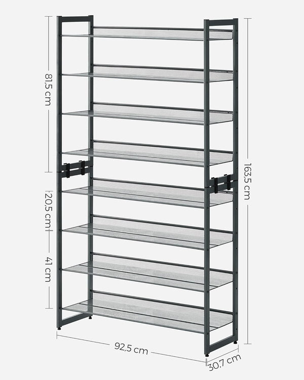 SONGMICS Raft de depozitare pantofi, pe 8 nivele, cu polite reglabile, pentru 32-40 de perechi, 31x92x163cm, gri