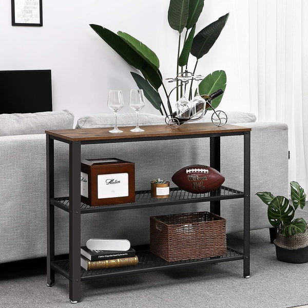 VASAGLE Masa de intrare, cadru metalic cu 3 polite din MDF, 35x102x80cm, maro rustic si negru