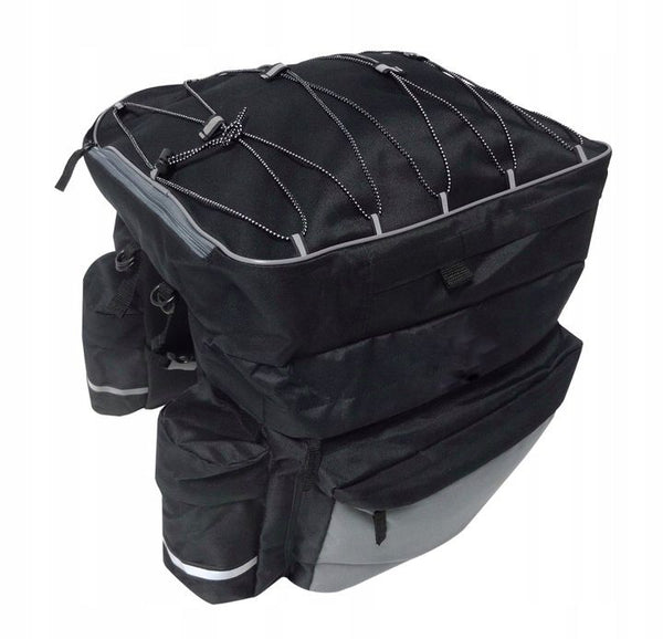Geanta portbagaj bicicleta dubla, 8 buzunare laterale, 39x34x43cm, negru cu elemente reflectorizante gri, protectie impermeabila