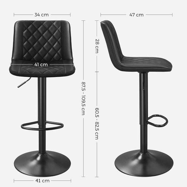 SONGMICS Set de 2 scaune de bar, cu spatar, reglabile in inaltime, tapitat cu PU, 47x51x(89-109)cm, negru