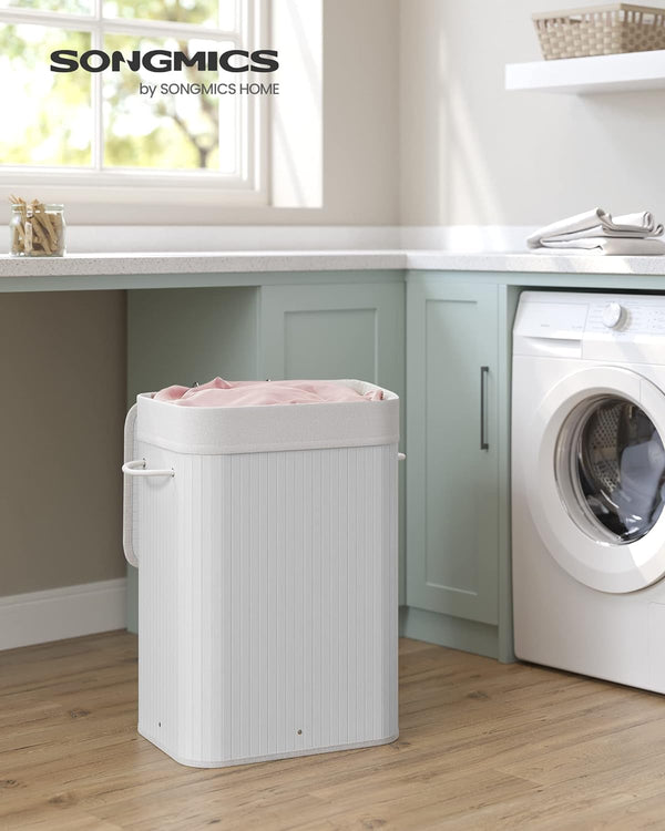SONGMICS Cos de rufe din bambus, pliabil, cu captuseala detasabila lavabila, 72L, 40x30x60cm, alb