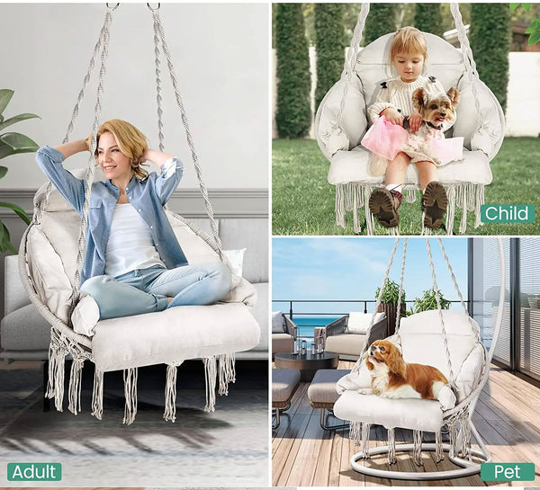 Scaun rotund Sersimo tip leagan suspendat cu perna pentru casa sau gradina, bej