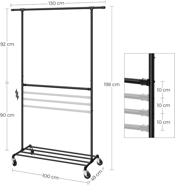 SONGMICS Suport pentru haine, cu raft si 2 sine de agatat, cadru metalic, cu roti, 130x49x198cm, industrial, negru