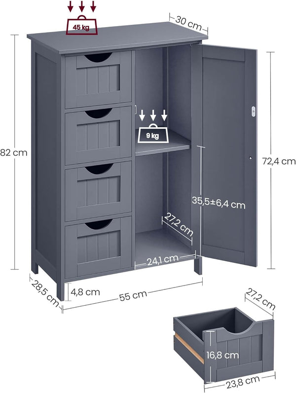 VASAGLE Dulap de baie, din MDF, cu 4 sertare, raft reglabil, 30x55x82 cm, gri