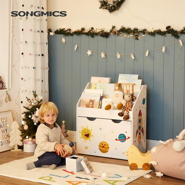 SONGMICS Organizator de jucarii si carti pentru copii, multifunctional, cutie detasabila cu roti, 63x30x70cm, alb