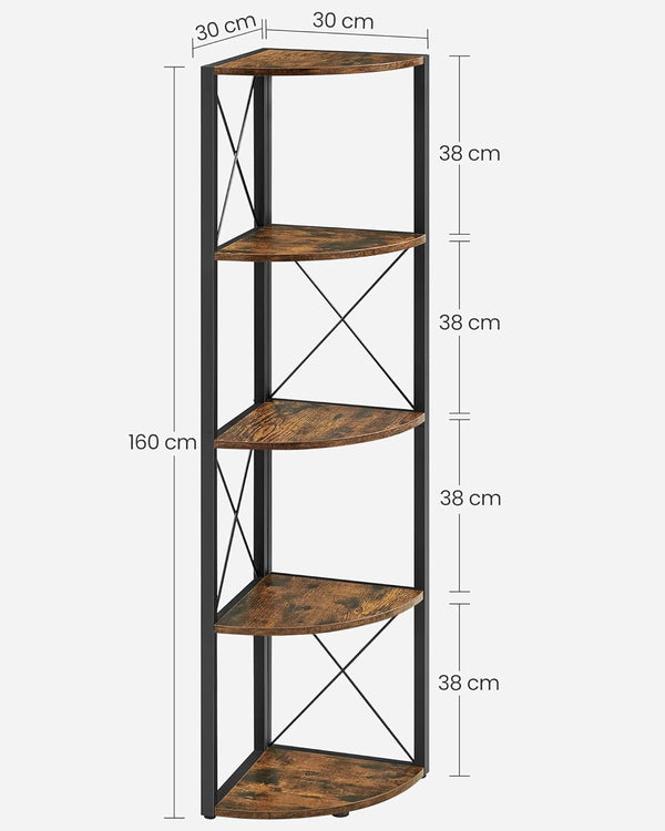 VASAGLE Biblioteca de colt cu 5 etaje, cadru metalic, stil industrial, 30x30x160 cm, maro rustic