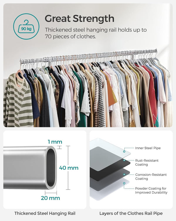SONGMICS Suport pentru haine cu sina superioara extensibila, pe roti, reglabil pe latime, 45x(92-132)x160cm, inox argintiu
