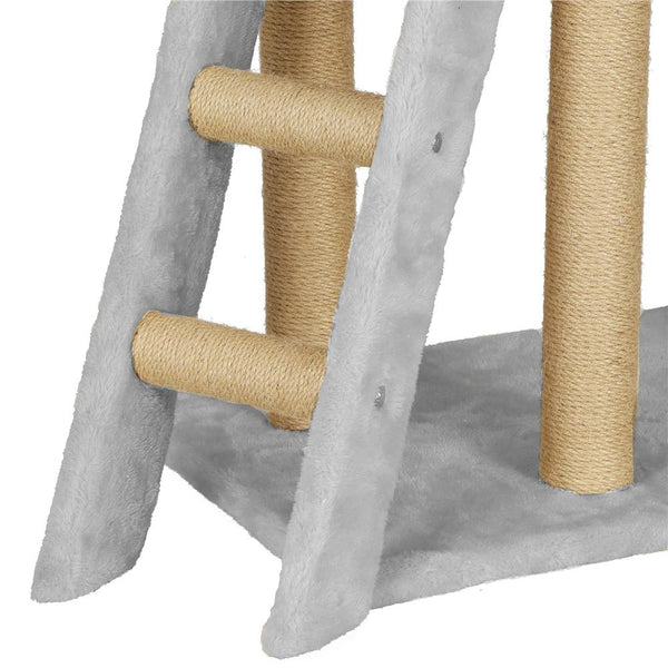 Ansamblu de joaca pentru pisici, cu loc pentru zgariat, ascuns, culcus, soricei, 136cm, gri