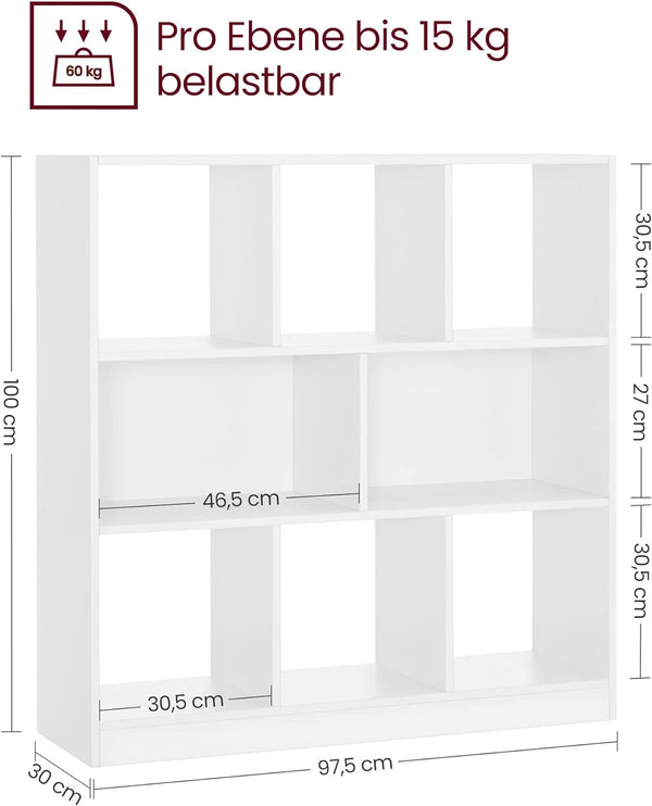 VASAGLE Biblioteca, raft cu 8 unitati de depozitare, pentru living, din lemn, 30x98x100cm, alb