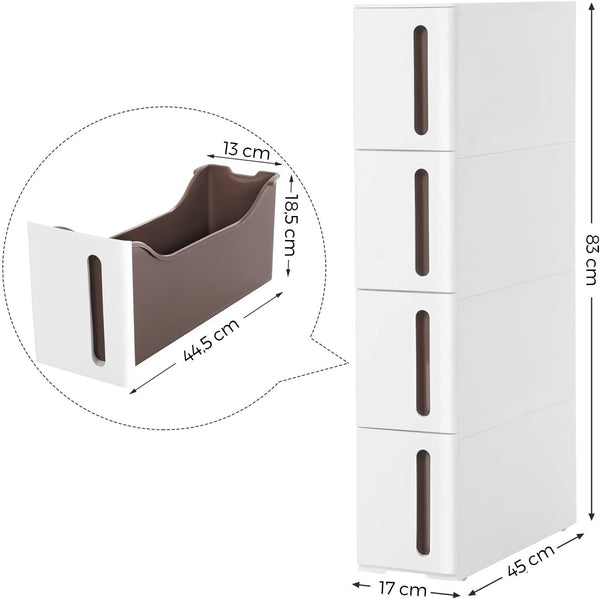 SONGMICS Dulap de depozitare pe roti, pentru bucatarie sau baie, din plastic, cu 4 nivele, 45x17x84cm, alb