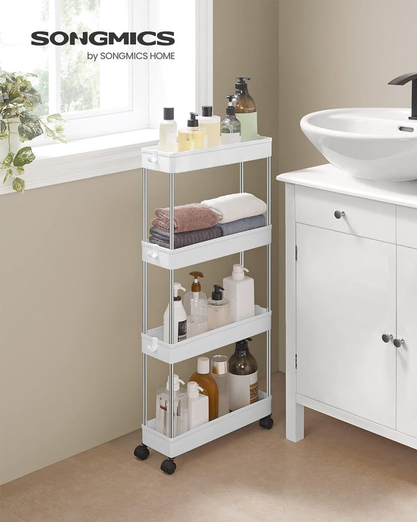 SONGMICS Carucior de depozitare pe roti, pentru bucatarie sau baie, din plastic, cu 4 nivele, 40x13x88cm, alb