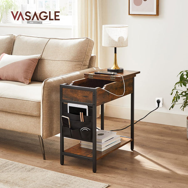 VASAGLE Masa laterala pliabila, tip noptiera, cu prize si porturi USB, raft si geanta din textil, 60x32x60 cm, maro rustic