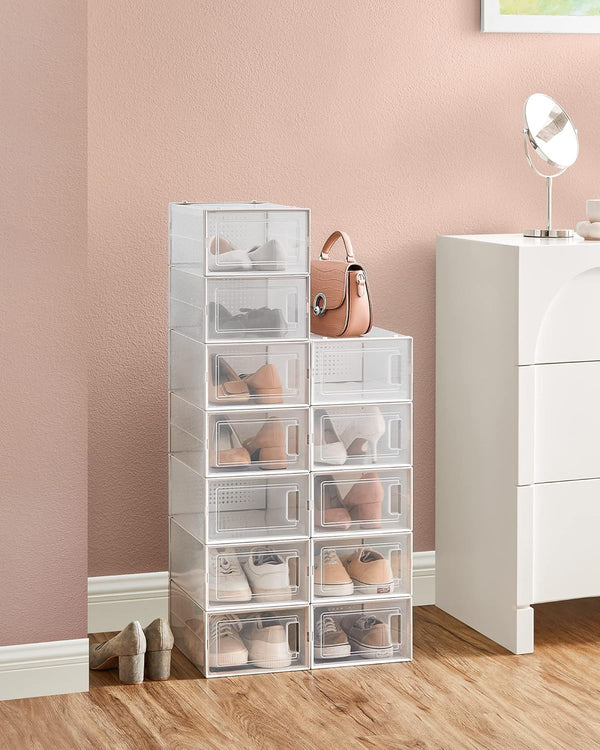 SONGMICS Cutii de pantofi, set de 12 organizatoare stivuibile, structura rezistenta ABS, 34x23x14 cm, transparent
