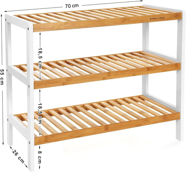 SONGMICS Raft de depozitare din bambus, cu 3 niveluri, 26x70x55cm, alb si maro