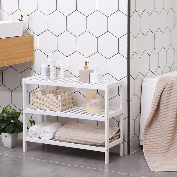 SONGMICS Raft de depozitare din bambus, cu 3 niveluri, 26x70x55cm, alb