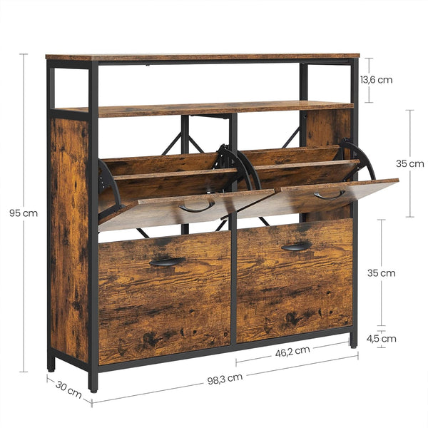 VASAGLE Dulap pantofi din MDF cu ​​4 usi basculante, pentru 12-20 perechi, 98x30x95cm, maro rustic si negru