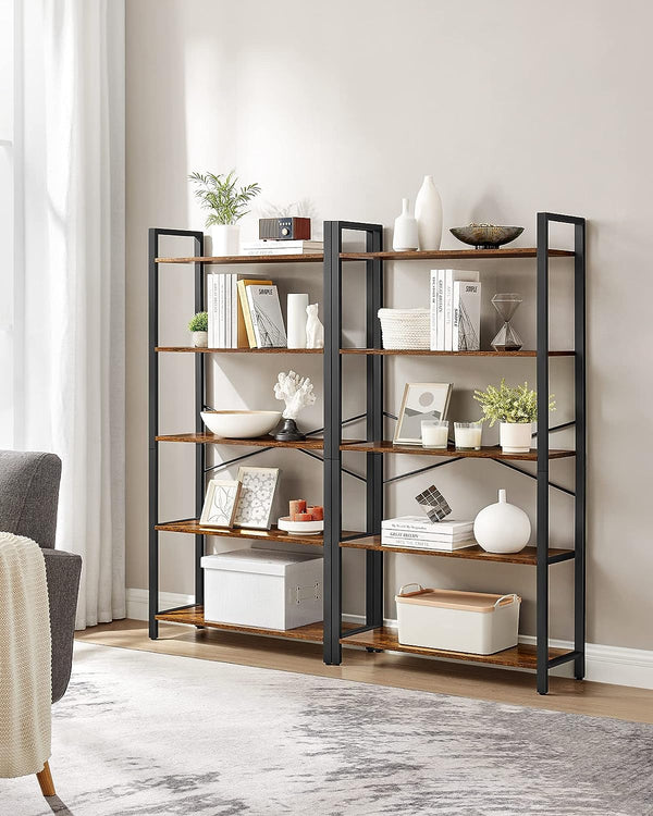 VASAGLE Biblioteca cu 5 etaje din lemn, cadru otel, stil industrial, 30x66x153cm, maro rustic si negru