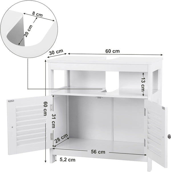 VASAGLE Dulap baie baza lavoar, cu 2 usi, 2 compartimente, alb 60x60x30 cm, alb