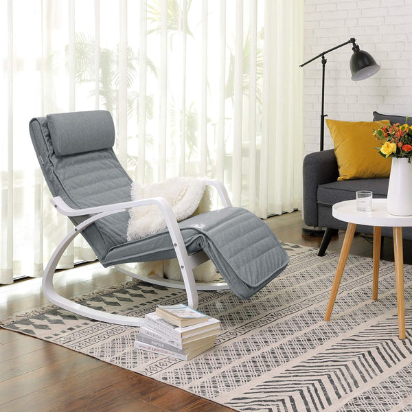 SONGMICS Scaun balansoar din lemn, suport picioare reglabil, maxim 150kg, 67x122x84cm, gri deschis